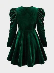 SHEIN Đầm dự tiệc nhung xanh cổ chữ thập tay lỡ thanh lịch cho bé gái tuổi mới lớn, thích hợp cho các dịp tiệc tùng, năm mới, giáng sinh, thu/đông - màu xanh lá - Xem 2