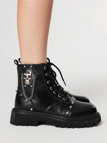ROMWE Women Retro Platform Short Boots, Punk Style With Metal Rivet, Skull Chain Design, 5cm Thick Sole, PU Leather, Zipper, Daily Wear, Black For Christmas - Black - View 7