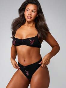 Missguided x Playboy Rhinestone Bunny Print Bandeau Bralette And Thong Lingerie Set Festival Rave Outfit - Black - View 4