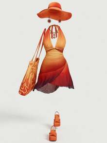 SHEIN MOD Plus Size Ombre Bowknot Asymmetric Fitted Dress Woman Fall Outfit, Sunset Dress,Wedding Guest Dress Women,Autumn Clothes,Fall Clothes,Retro,Chic - Multicolor - View 6