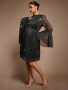 MaterniChic Autumn Black Elegant Formal Maternity Dress,Stand Collar Flare Sleeve Sequin Evening Pregnancy Dress For Photoshoot,Shiny Glitter Pregnant Party Gown - Black - View 4