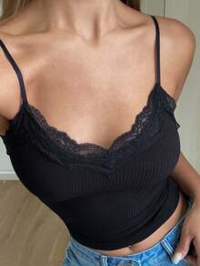 DAZY Women's Solid Color Contrast Lace Slim Fit Camisole - Black - View 6