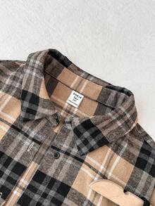 SHEIN 2pcs/Set Teen Girls Khaki Plaid Short Shacket And Bodycon Camisole Dress Outfit, Autumn/Winter Cute Cheap Clothes Girl Clothes Fall Black Dress Plaid Shirt - Khaki - View 3