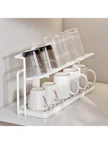 Cirelle 1PC 2-Tier Metal Cup Drying Rack With Drip Tray | Compact Space-Saving Dish Organizer For Mugs, Bottles & Baby Cups | White Iron Kitchen Shelf For Countertop/Office