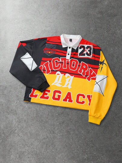 Street Life Sweat-shirt polo à manches longues avec imprimé blocs de couleurs pour hommes