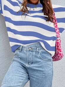 SoleilVie 女式休闲拼色条纹毛衣，秋冬 - 彩色 - 查看 3