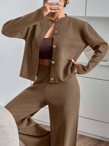 EURMUSE Women Button Front Cardigan And Sweater Pant 2pcs Set Co-Ords Two Pieces Set - Camel - View 3