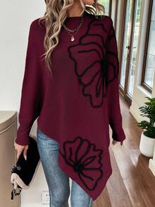 SHEIN LUNE Women's Autumn/Winter Fashion 3D Floral Decor Batwing Sleeve Sweater - Red - View 4