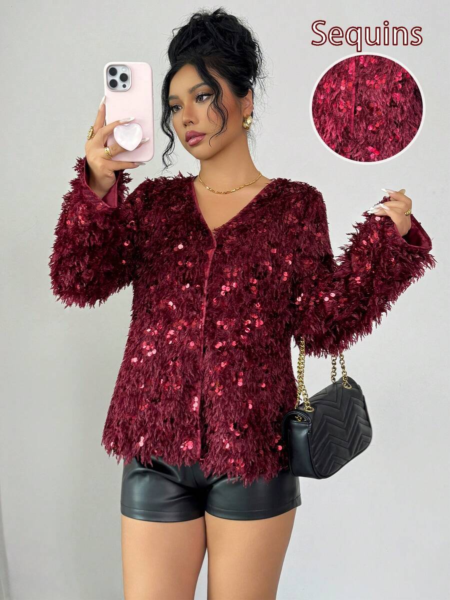 Rafferiza Uhlyne 女式亮片拼接人造毛皮夹克，时尚街头风格外套