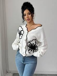 SHEIN Elenzya Chaqueta de punto de mujer con cuello en V estilo retro francés, bordado 3D negro + dobladillo ondulado de contraste de ajuste ceñido de un solo botonadura