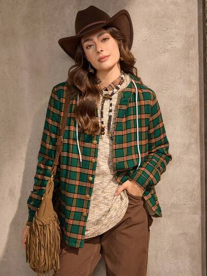 معطف مبطن بطبعة المربعات مع أزرار معشقة وسحاب للرأس مناسب للخريف والشتاء