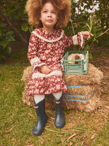 1 pieza Vestido de niña con estampado floral, corte holgado, puños acampanados, estilo vintage elegante, versátil para el otoño