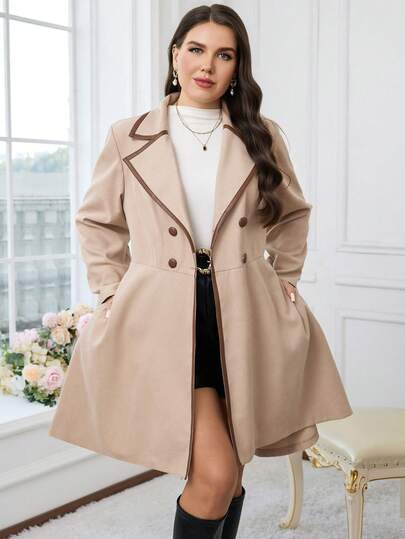 Modelyn Abrigo versátil y de moda de doble botonadura con mangas largas y ribete de color block para mujer de talla grande