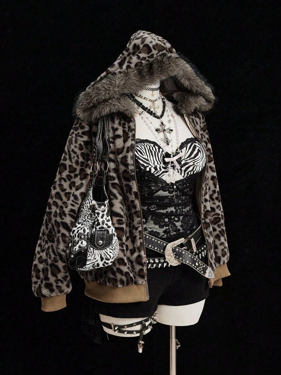 Sweetra Leopard Faux Fur Minimalist Hat & Short Vintage Casual Jacket
