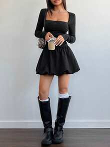 SHEIN Teen Girl Casual Daily Square Neck Hollow-Out Dress With Peplum Hem, Suitable For Parties And Outings - Black - View 4