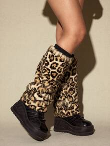 Goth Women Leopard Print Fluffy Leg Warmers - Multicolor - View 2