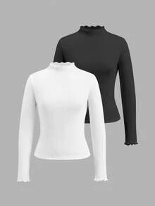 Tseoso 97% Cotton, 2pcs Black & White Casual High Neck Long Sleeve Fitted Long T-Shirt Set For Women, Elegant, Warm And Breathable, Clean Girl Style, Suitable For Autumn & Winter, Vintage, Soft Girl, Home, Back To School, Fall Women Clothes, Versatile - Multicolor - View 10