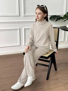 SHEIN مجموعة ملابس علوية كم طويل رقبة عالية مضلع مناسب وبنطال ساق واسعة مريح للفتيات المراهقات، للعودة إلى المدرسة، للارتداء اليومي أو التنسيق مع طبقات أخرى - كاكي - مشاهدة 7