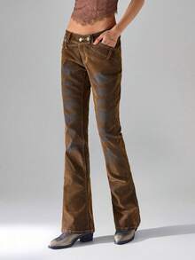 TRNVIE Women's Casual Street Style Flocked Denim Pants - Brown - View 6