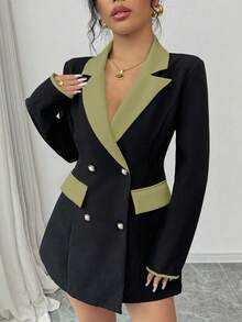 Elenzga Blazer Wanita dengan Desain Colorblock yang Modis dan Elegan, Blazer Profesional dengan Kombinasi Warna Kontras Patchwork. - Hijau - View 3