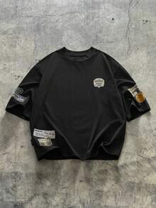 AXEPEAK 常规款男士黑色字母印花休闲短款 T 恤，夏季 - 黑色 - 查看 1