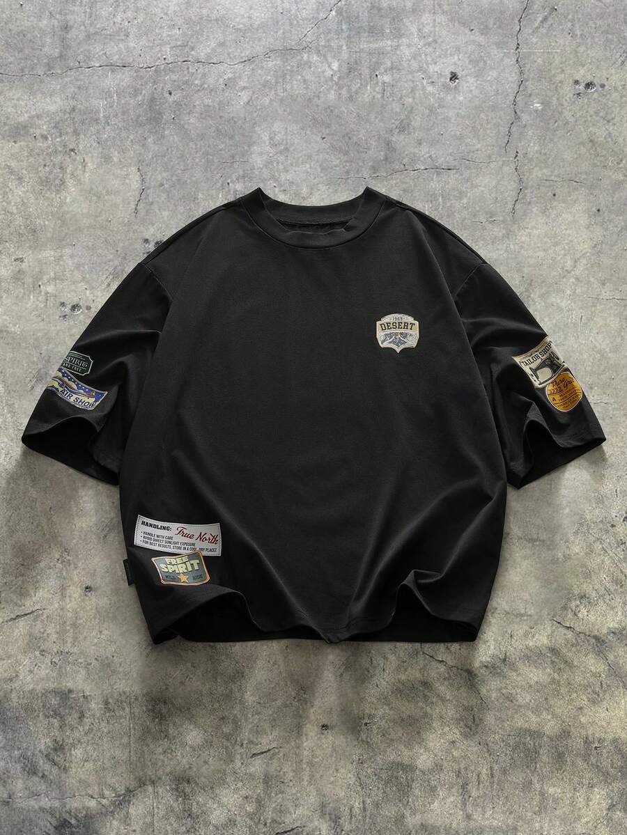 AXEPEAK 常规款男士黑色字母印花休闲短款 T 恤，夏季 - 黑色 - 查看 1