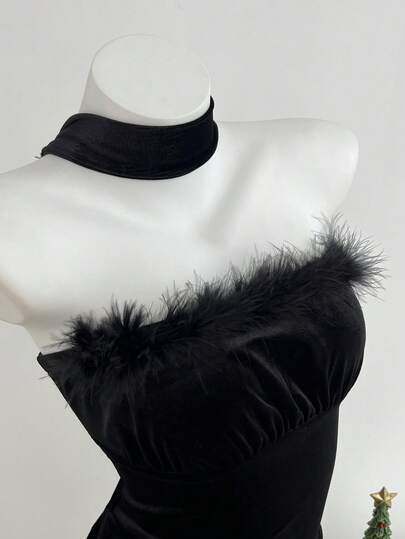 Elamini 女士迷你连衣裙，黑色天鹅绒拼接，毛绒褶皱修身不对称下摆，领口系带，性感百搭，适合圣诞节、约会、派对等场合。