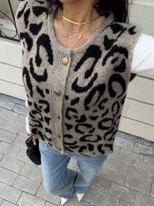 女士豹纹圆领单排扣休闲针织背心，秋冬季毛衣背心 - 彩色 - 查看 7