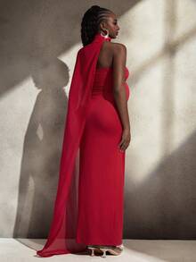 Cheriluna Maternity 孕妇写真礼服，无肩带褶皱珍珠雪纺飘逸长裙，正式/圣诞派对/红色/优雅连衣裙 - 酒紅色 - 查看 2