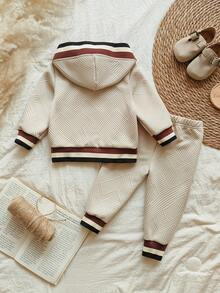 SHEIN Vintaside Kids 两件套男婴连帽夹克 + 裤子套装，时尚运动装，适合日常穿着，春秋季 - 杏色 - 查看 2