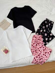 女童爱心奶牛印花短袖上衣 + 裤子睡衣套装，适合春夏季女童休闲家居服或睡衣，两件套 - 彩色 - 查看 2
