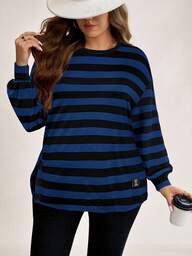 SHEIN LUNE Plus Size Women's Autumn/Winter Striped Print Loose Crew Neck Long Sleeve Casual Fashion T-Shirt With Side Slits Thanksgiving Holiday