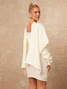 Lumalex VITNOS Women's Elegant Beige White Knit Mini Dress With Scarf,Long Flared Sleeves,Autumn Winter Clothes For Dinner Date,French Chic Party Looks - Apricot - View 4