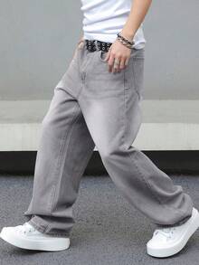 Manfinity EMRG 男式口袋宽松休闲阔腿牛仔裤 - 灰色 - 查看 4