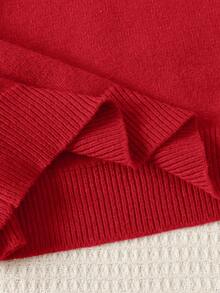SHEIN Tween Girl Loose Long Sleeve Turtleneck Sweater & Ruffle Hem A- Winter Skirt Set, Red And White, Autumn, Elegant, Party Knit Clothes Matching Outfits - Red - View 7