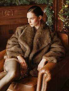 Anewsta 女士优雅别致仿毛领大衣，适合秋季、冬季、外出、圣诞节 - 棕色 - 查看 4