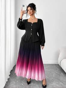 SHEIN Elenzya Conjunto elegante de 2 piezas de talla grande para mujer con blusa de manga larga con bajo de paraguas en cuello en V y redondo en color negro y falda maxi degradada en morado, para otoño/invierno - Morado - Ver 5