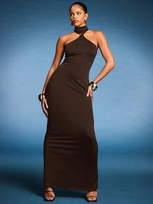 Normani 女士优雅性感金属扣装饰镂空修身弹力连衣裙，适合婚礼宾客的正式礼服 - 棕色 - 查看 1