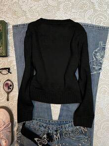 SHEIN EZwear Áo len họa tiết gấu thường ngày dành cho nữ, phù hợp cho mùa thu/đông - màu đen - Xem 2