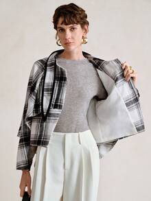 SHEIN Stylify 女式格子领蝴蝶结装饰休闲套头斗篷夹克，做旧格纹图案，可双面穿着，舒适适合日常、居家、通勤、秋冬外套