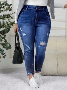 EMERY ROSE EMERY ROSE Jeans casuales ajustados con aplicaciones de rhinestones para mujer de talla grande - Azul lavado oscuro - Ver 8