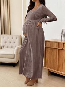 SHEIN Đầm suông dài tay cổ tròn màu trơn cho bà bầu - Cà phê nâu - Xem 3