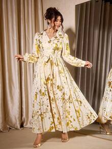 Cravure Vestido casual/de trabajo de manga larga con pliegues en la cintura y estampado de lámina de oro para mujer de talla grande - Albaricoque - Ver 5