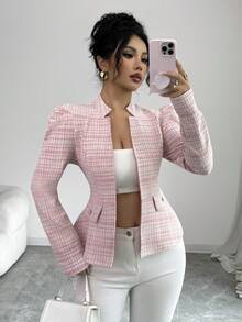 Elenzga Áo khoác dài tay ôm dáng thanh lịch dành cho nữ có nút trang trí bằng kim loại, thiết kế túi giả, tay bồng, phù hợp cho mùa xuân và mùa thu - Hồng - Xem 4