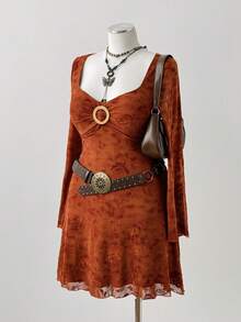 Sunspun 加大码植绒领网纱透视腰修身迷你连衣裙，秋季时尚 - 彩色 - 查看 5