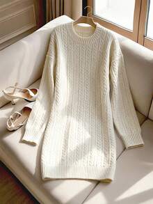 Louniche 女式复古粗针织长袖宽松毛衣裙，秋冬