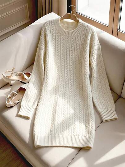 Louniche 女式复古粗针织长袖宽松毛衣裙，秋冬