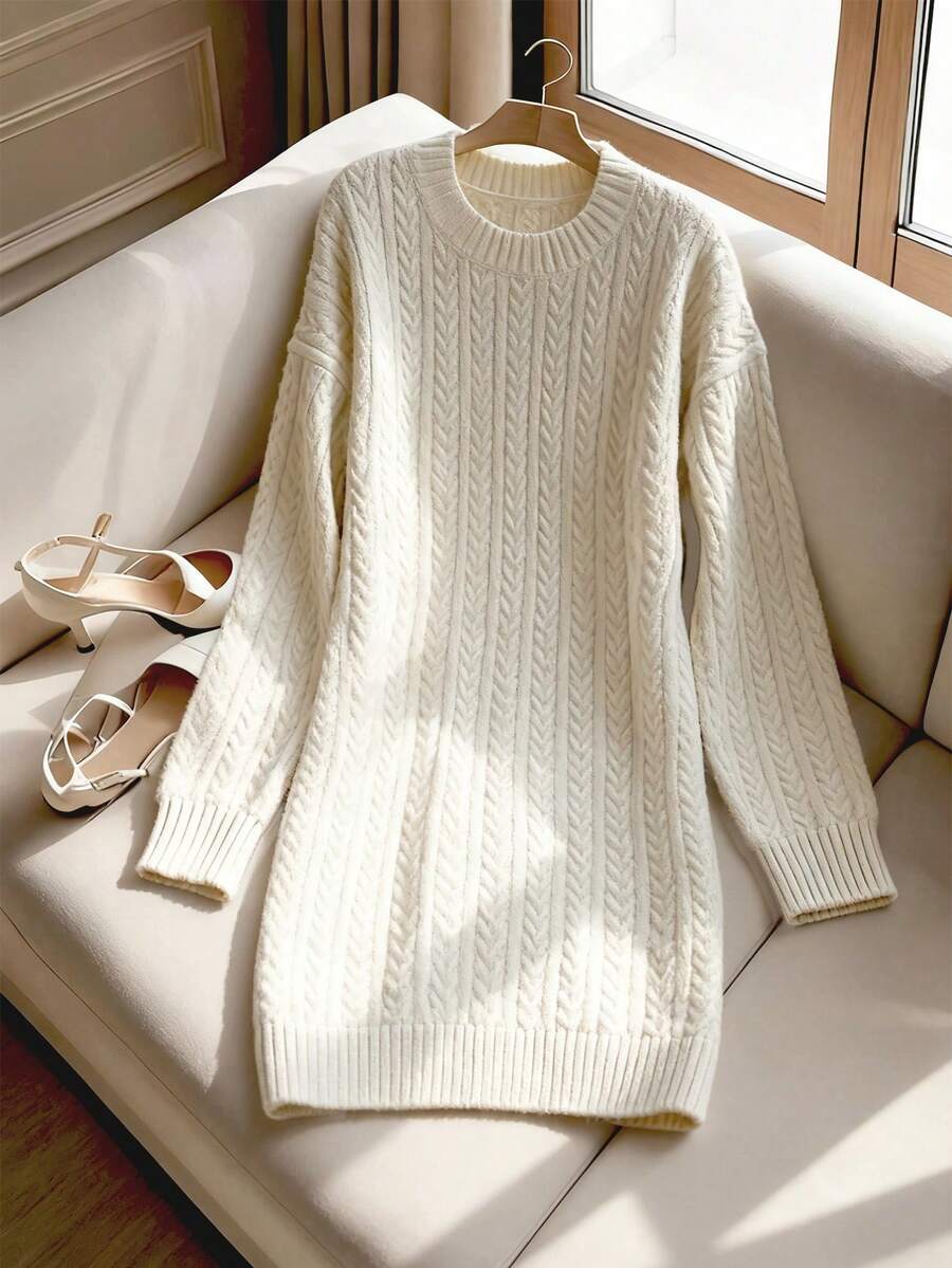 Louniche 女式复古粗针织长袖宽松毛衣裙，秋冬