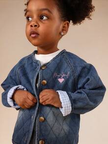 SUMWON Quilted Denim Jacket For Girls With Embroidered Heart Detail And Button Closure - Light Wash - View 3