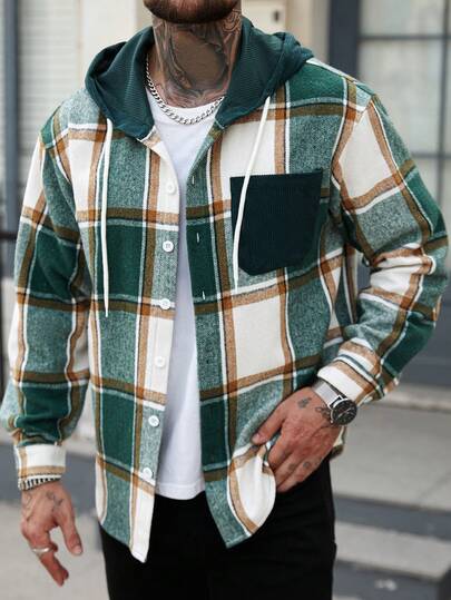 Manfinity Homme Jachetă bărbătească în carouri verzi și albe, cu glugă, din lână, mărime mare, cu șnur, cu un singur rând de nasturi, design cu un singur buzunar, casual, potrivită pentru vacanță, petrecere, cină, întâlnire, cadou sau purtare personală, simplă și versatilă
